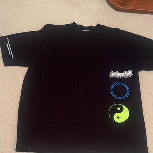 Shadow Hill Black Tee with Neon Green Yin Yang and Blue Graphic
